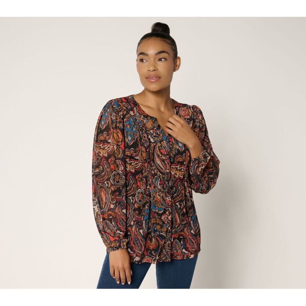Top Knot Women's Sz S Printed Mesh Split Neck Button Front Multi-colored A696202